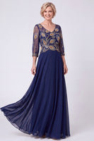 Load image into Gallery viewer, Navy Chiffon A Line V-Neck Sparkly Beaded Long Mother of the Bride Dress with Sleeves