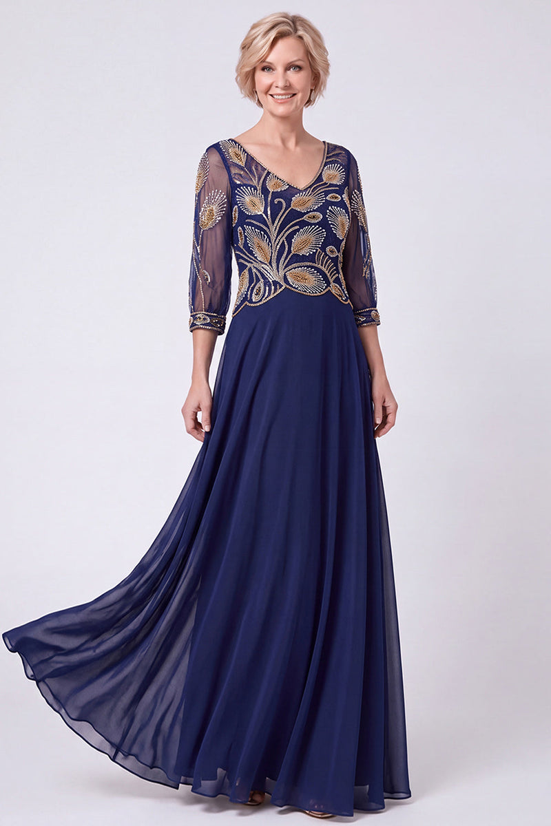 Load image into Gallery viewer, Navy Chiffon A Line V-Neck Sparkly Beaded Long Mother of the Bride Dress with Sleeves