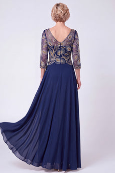 Navy Chiffon A Line V-Neck Sparkly Beaded Long Mother of the Bride Dress with Sleeves