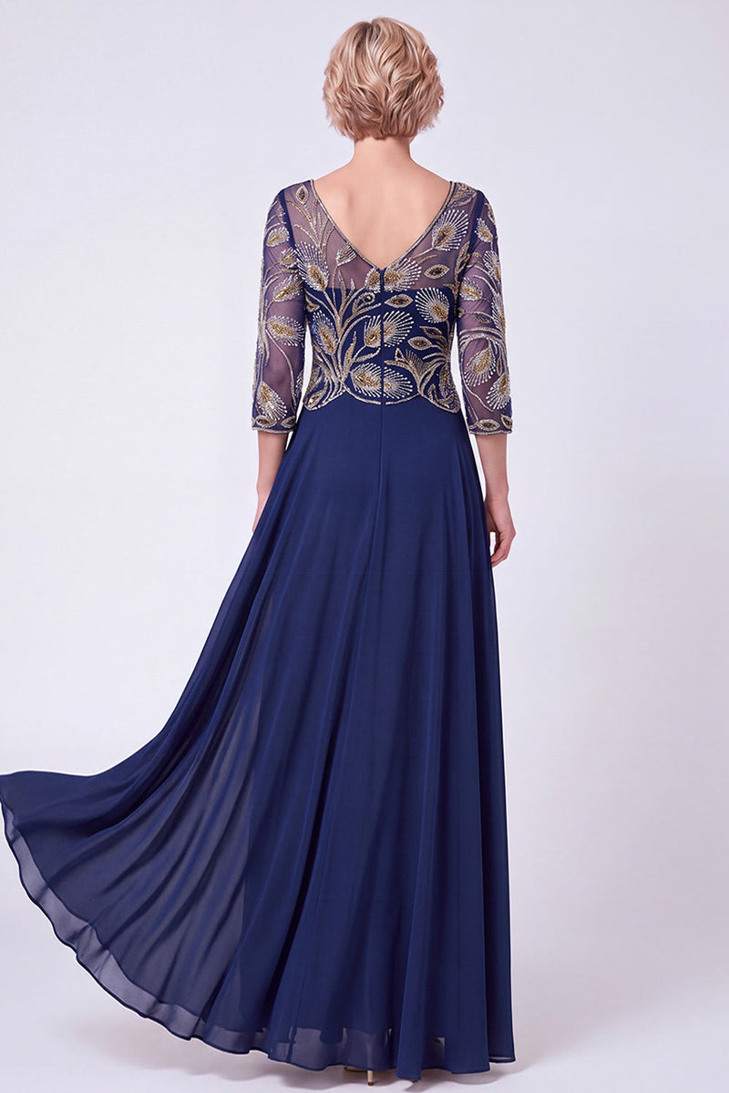 Load image into Gallery viewer, Navy Chiffon A Line V-Neck Sparkly Beaded Long Mother of the Bride Dress with Sleeves