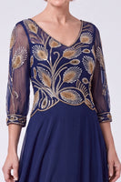 Load image into Gallery viewer, Navy Chiffon A Line V-Neck Sparkly Beaded Long Mother of the Bride Dress with Sleeves