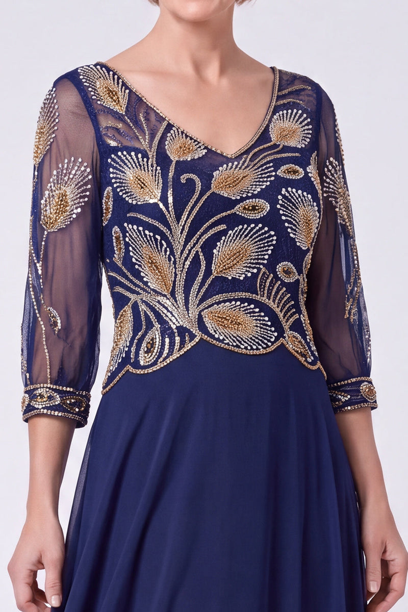 Load image into Gallery viewer, Navy Chiffon A Line V-Neck Sparkly Beaded Long Mother of the Bride Dress with Sleeves