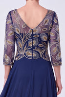 Load image into Gallery viewer, Navy Chiffon A Line V-Neck Sparkly Beaded Long Mother of the Bride Dress with Sleeves