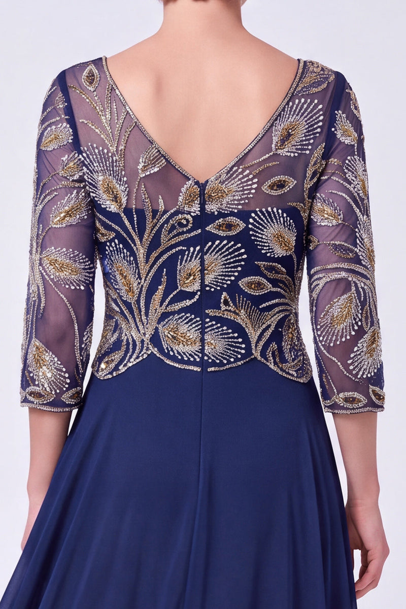 Load image into Gallery viewer, Navy Chiffon A Line V-Neck Sparkly Beaded Long Mother of the Bride Dress with Sleeves