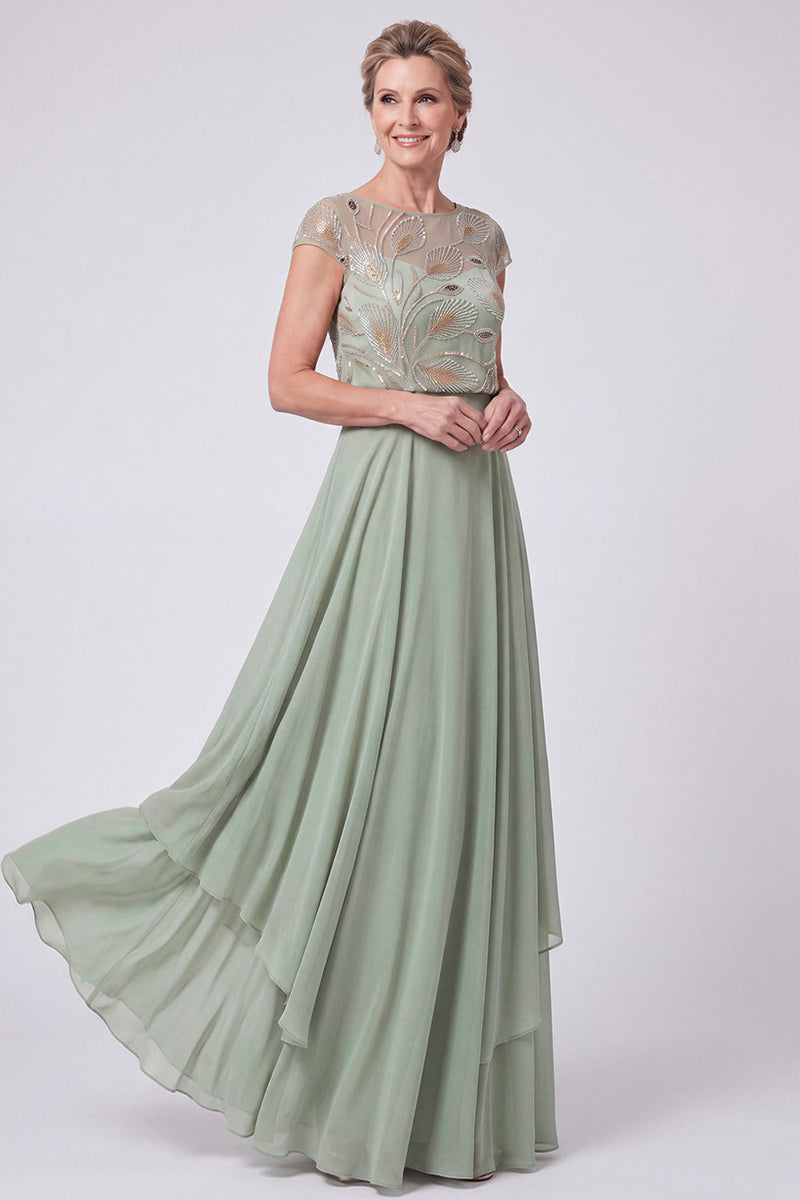 Load image into Gallery viewer, Green Sparkly Beaded Cap Sleeves Chiffon Tiered Long Mother of the Bride Dress