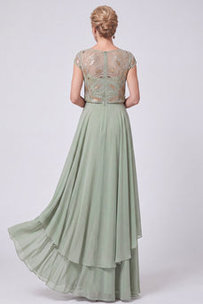 Green Sparkly Beaded Cap Sleeves Chiffon Tiered Long Mother of the Bride Dress