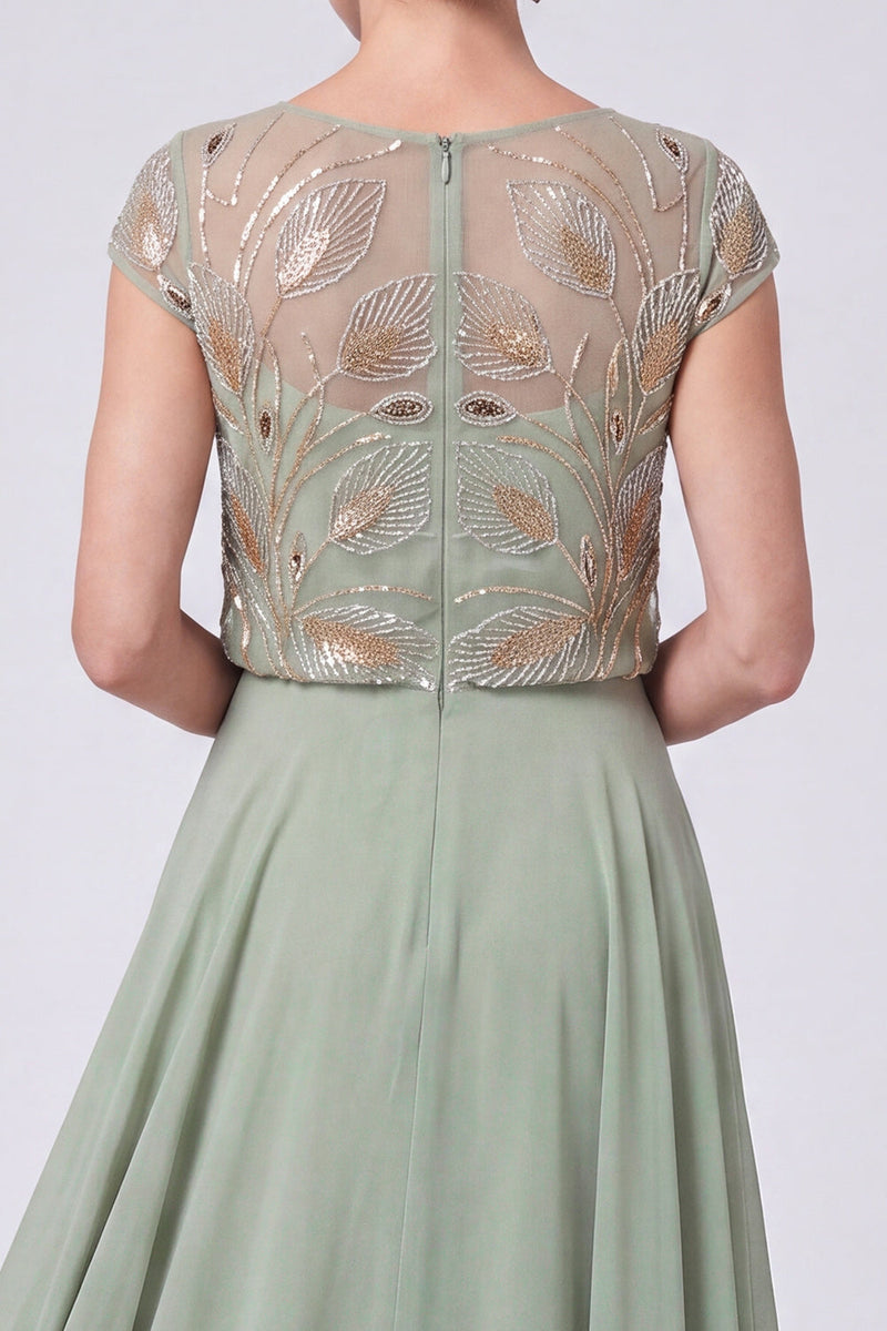 Load image into Gallery viewer, Green Sparkly Beaded Cap Sleeves Chiffon Tiered Long Mother of the Bride Dress