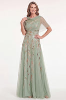 Load image into Gallery viewer, Blue Tulle A Line Spakrly Beaded Long Mother of the Bride Dress with Cape