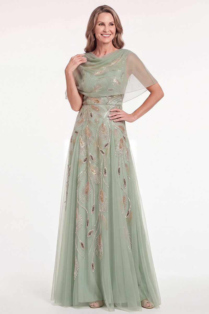 Load image into Gallery viewer, Blue Tulle A Line Spakrly Beaded Long Mother of the Bride Dress with Cape