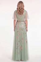 Load image into Gallery viewer, Blue Tulle A Line Spakrly Beaded Long Mother of the Bride Dress with Cape