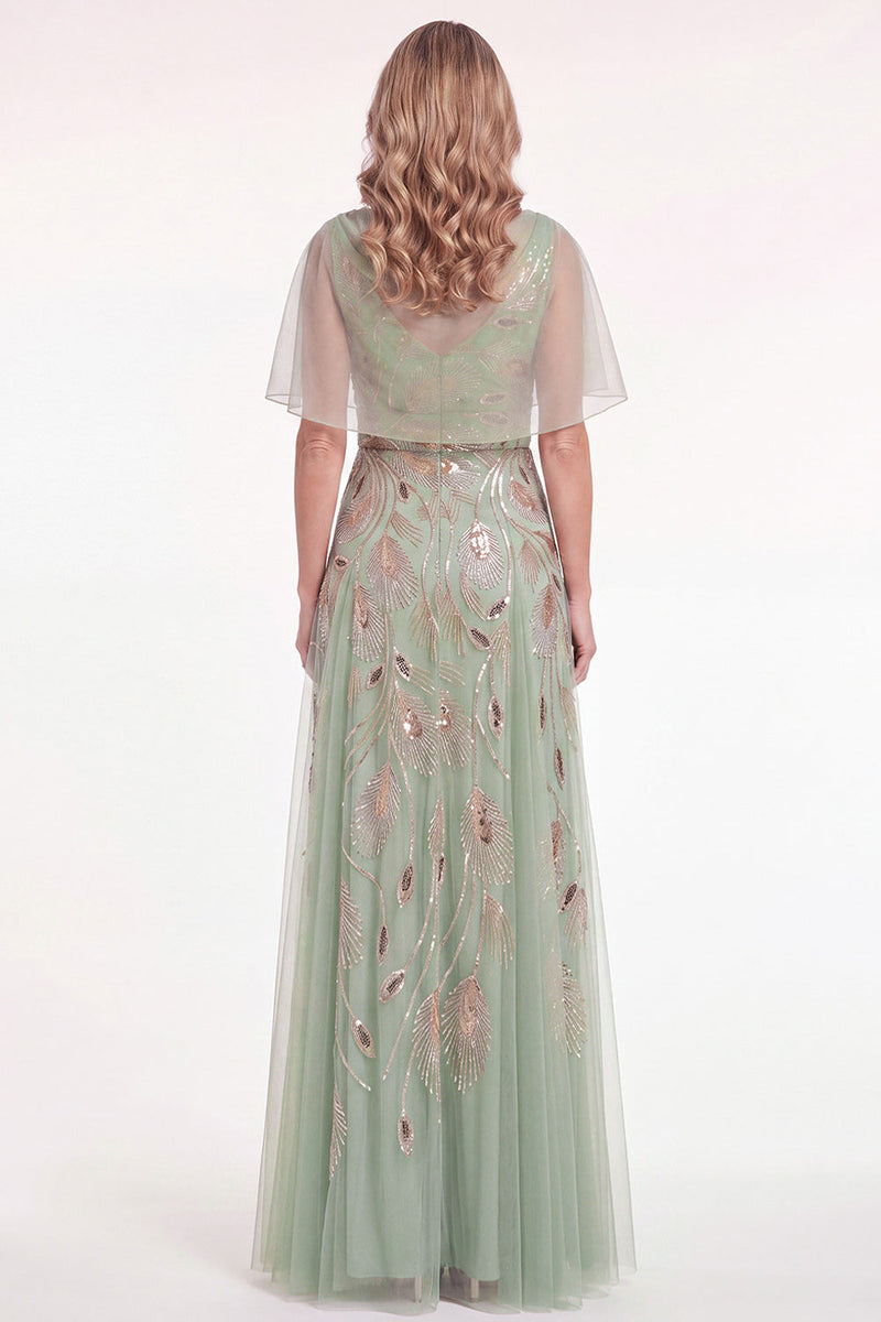 Load image into Gallery viewer, Blue Tulle A Line Spakrly Beaded Long Mother of the Bride Dress with Cape