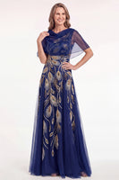 Load image into Gallery viewer, Blue Tulle A Line Spakrly Beaded Long Mother of the Bride Dress with Cape