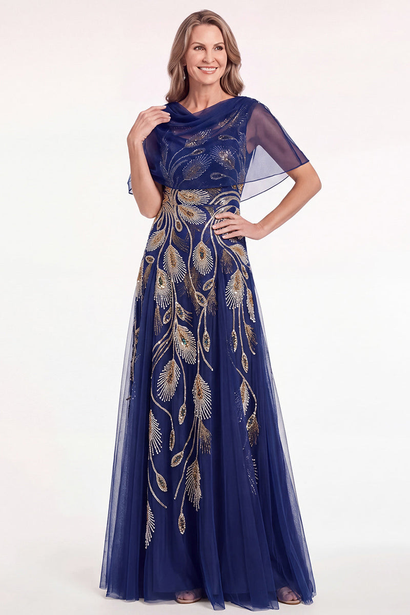 Load image into Gallery viewer, Blue Tulle A Line Spakrly Beaded Long Mother of the Bride Dress with Cape