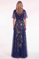 Load image into Gallery viewer, Blue Tulle A Line Spakrly Beaded Long Mother of the Bride Dress with Cape