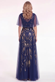 Blue Tulle A Line Spakrly Beaded Long Mother of the Bride Dress with Cape