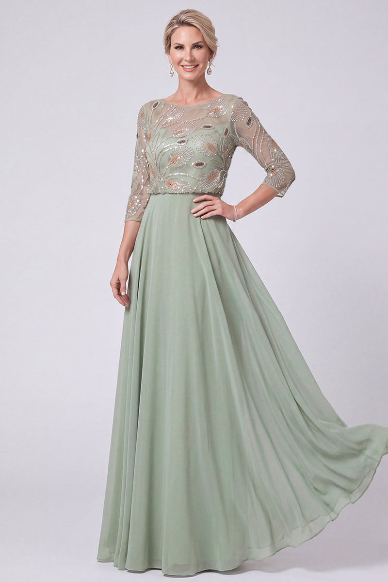 Load image into Gallery viewer, Green Chiffon Sparkly A Line 3/4 Sleeves Beaded Long Mother of the Bride Dress