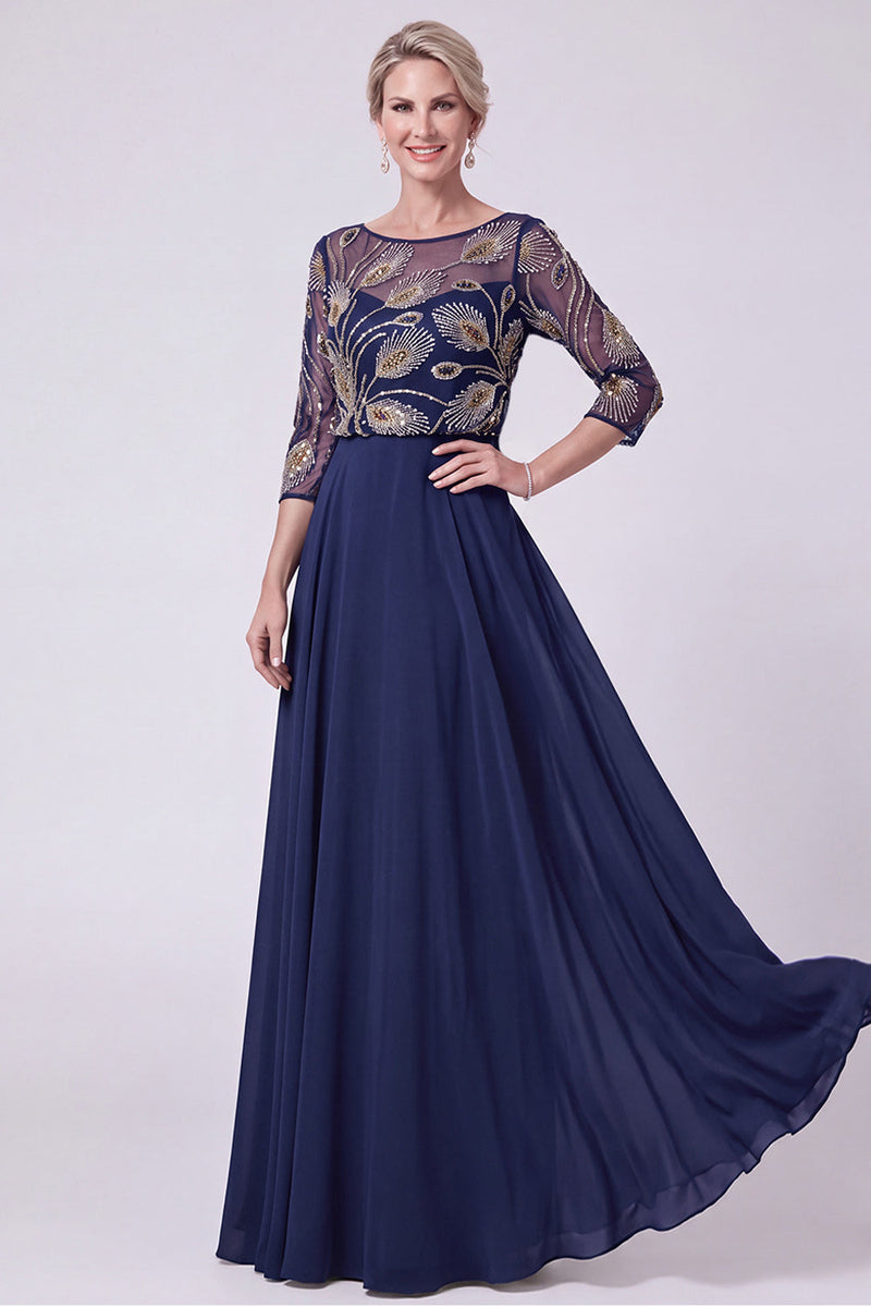Load image into Gallery viewer, Green Chiffon Sparkly A Line 3/4 Sleeves Beaded Long Mother of the Bride Dress