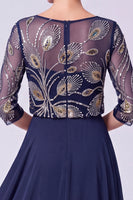 Load image into Gallery viewer, Green Chiffon Sparkly A Line 3/4 Sleeves Beaded Long Mother of the Bride Dress