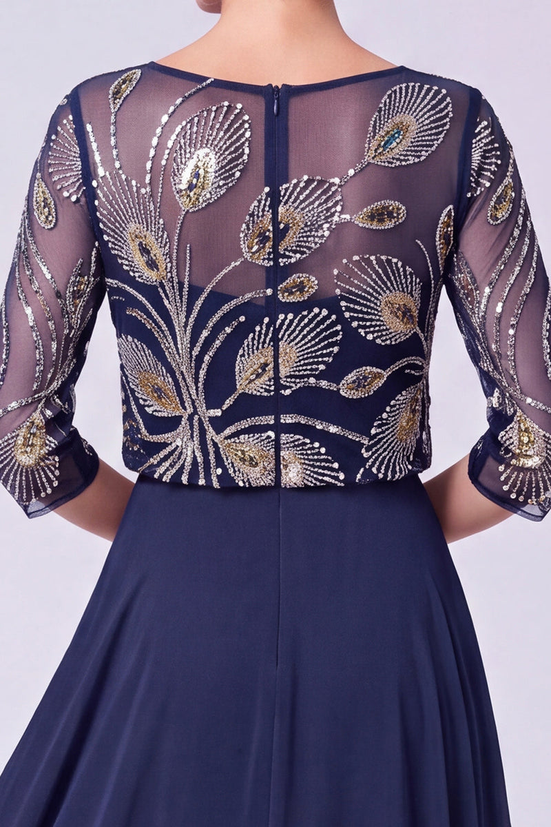 Load image into Gallery viewer, Green Chiffon Sparkly A Line 3/4 Sleeves Beaded Long Mother of the Bride Dress