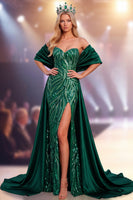 Load image into Gallery viewer, Sparkly Dark Green Sequin Mermaid Long Evening Dress with Cape