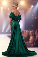 Load image into Gallery viewer, Sparkly Dark Green Sequin Mermaid Long Evening Dress with Cape