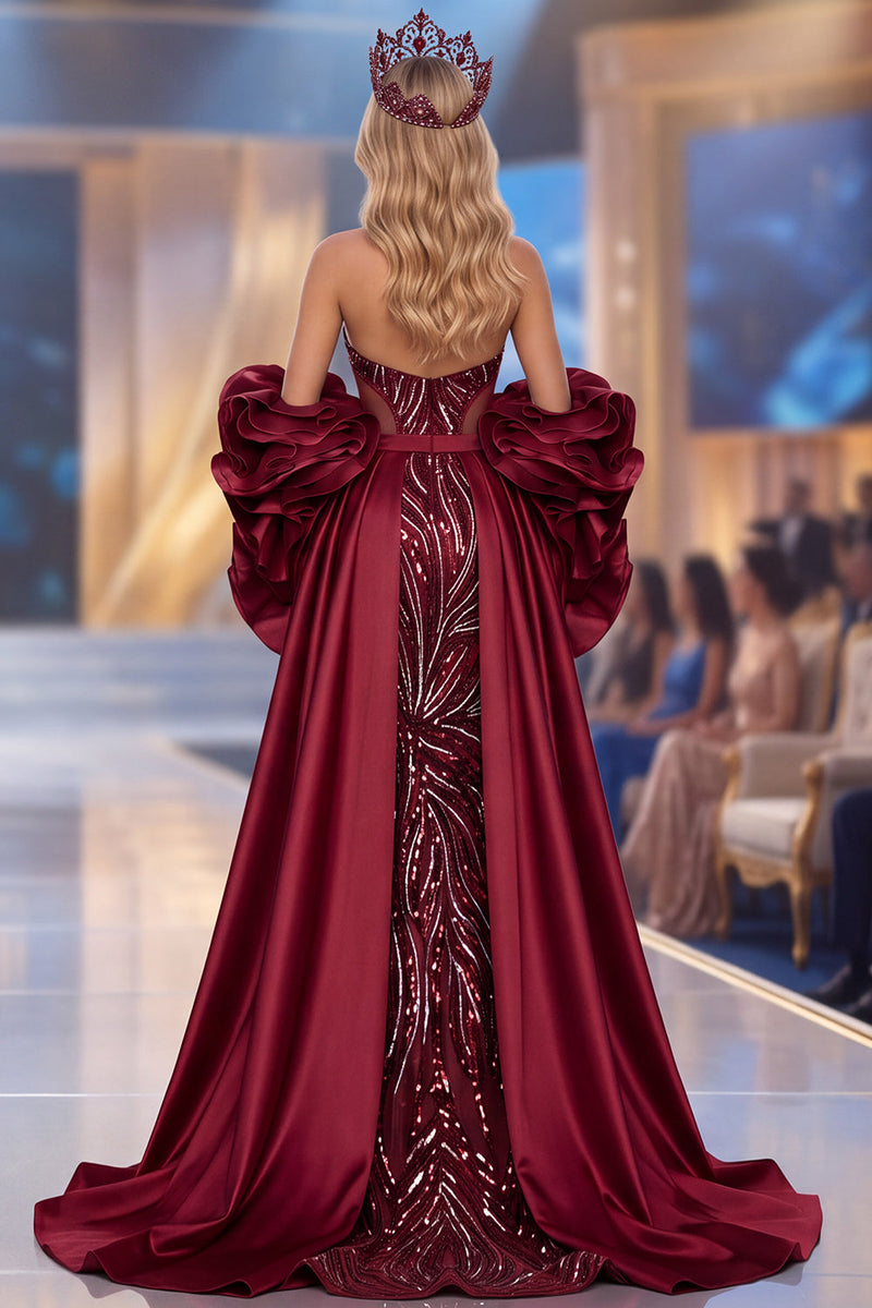 Load image into Gallery viewer, Sparkly Burgundy Halter Mermaid Ruffled Sequin Long Evening Dress with Cape