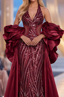 Load image into Gallery viewer, Sparkly Burgundy Halter Mermaid Ruffled Sequin Long Evening Dress with Cape