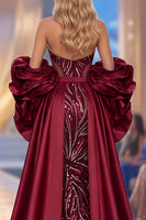 Load image into Gallery viewer, Sparkly Burgundy Halter Mermaid Ruffled Sequin Long Evening Dress with Cape