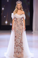 Load image into Gallery viewer, Sparkly Blush Sheath Sequin Ruched Long Evening Dress with Cape