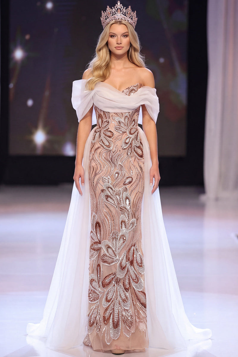 Load image into Gallery viewer, Sparkly Blush Sheath Sequin Ruched Long Evening Dress with Cape