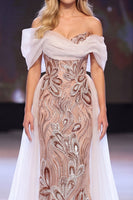 Load image into Gallery viewer, Sparkly Blush Sheath Sequin Ruched Long Evening Dress with Cape