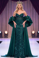 Load image into Gallery viewer, Dark Green Sparkly Sequin Mermaid Corset Long Evening Dress with Cape