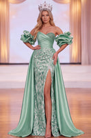 Load image into Gallery viewer, Sparkly Green Beaded Mermaid Ruched Long Evening Dress with Slit