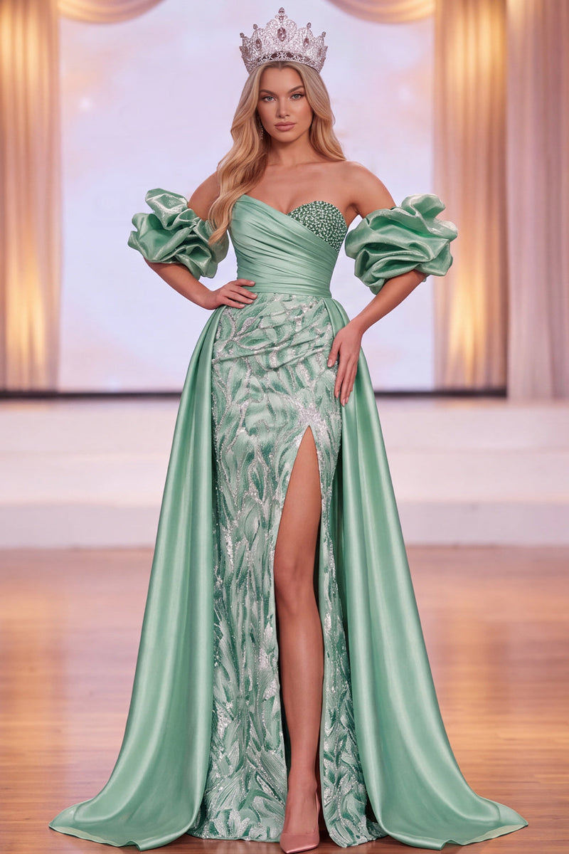 Load image into Gallery viewer, Sparkly Green Beaded Mermaid Ruched Long Evening Dress with Slit