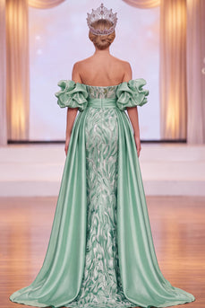 Sparkly Green Beaded Mermaid Ruched Long Evening Dress with Slit