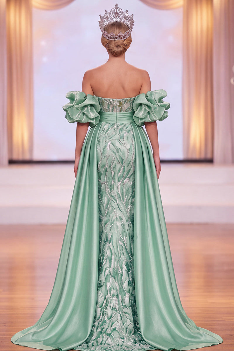 Load image into Gallery viewer, Sparkly Green Beaded Mermaid Ruched Long Evening Dress with Slit