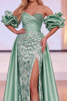 Load image into Gallery viewer, Sparkly Green Beaded Mermaid Ruched Long Evening Dress with Slit