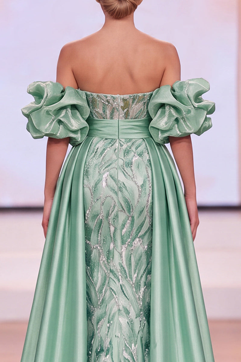 Load image into Gallery viewer, Sparkly Green Beaded Mermaid Ruched Long Evening Dress with Slit