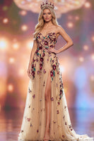 Load image into Gallery viewer, Sparkly Floral Champagne Sweetheart A-Line Long Evening  Dress with Slit