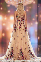 Load image into Gallery viewer, Sparkly Floral Champagne Sweetheart A-Line Long Evening  Dress with Slit