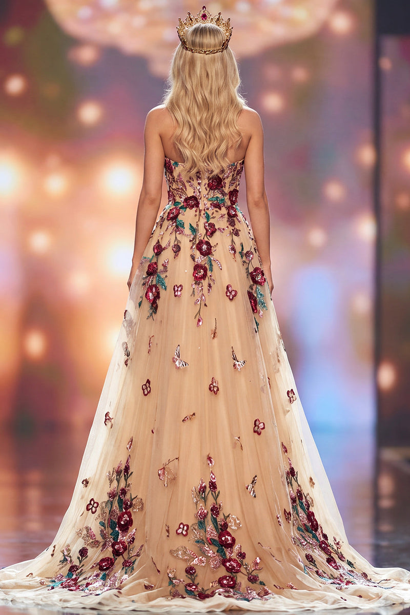 Load image into Gallery viewer, Sparkly Floral Champagne Sweetheart A-Line Long Evening  Dress with Slit