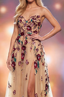 Load image into Gallery viewer, Sparkly Floral Champagne Sweetheart A-Line Long Evening  Dress with Slit