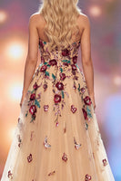 Load image into Gallery viewer, Sparkly Floral Champagne Sweetheart A-Line Long Evening  Dress with Slit