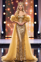 Load image into Gallery viewer, Golden Sparkly Sequin Ruffled Mermaid Long Evening Dress with Cape