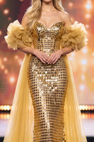 Load image into Gallery viewer, Golden Sparkly Sequin Ruffled Mermaid Long Evening Dress with Cape