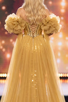 Load image into Gallery viewer, Golden Sparkly Sequin Ruffled Mermaid Long Evening Dress with Cape