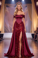 Load image into Gallery viewer, Sparkly Burgundy Mermaid  Sequin Corset Long Evening Dress with Slit
