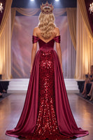 Load image into Gallery viewer, Sparkly Burgundy Mermaid  Sequin Corset Long Evening Dress with Slit