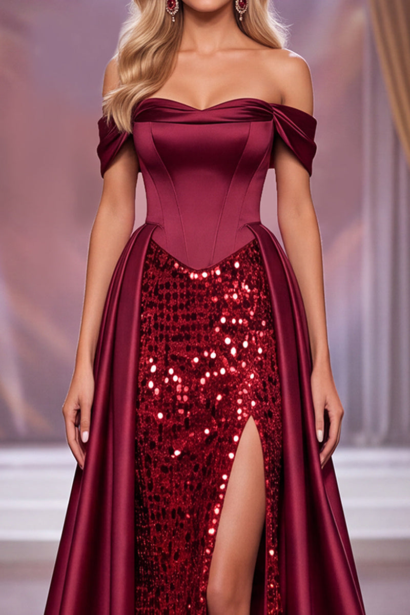 Load image into Gallery viewer, Sparkly Burgundy Mermaid  Sequin Corset Long Evening Dress with Slit