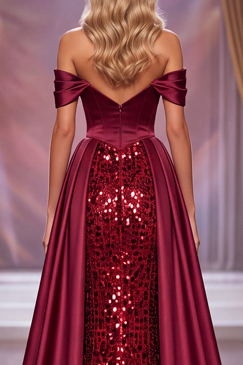 Load image into Gallery viewer, Sparkly Burgundy Mermaid  Sequin Corset Long Evening Dress with Slit